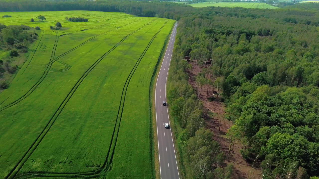 시골 지역의 들판과 숲 사이의 도로에서 운전하는 자동차의 공중 전망