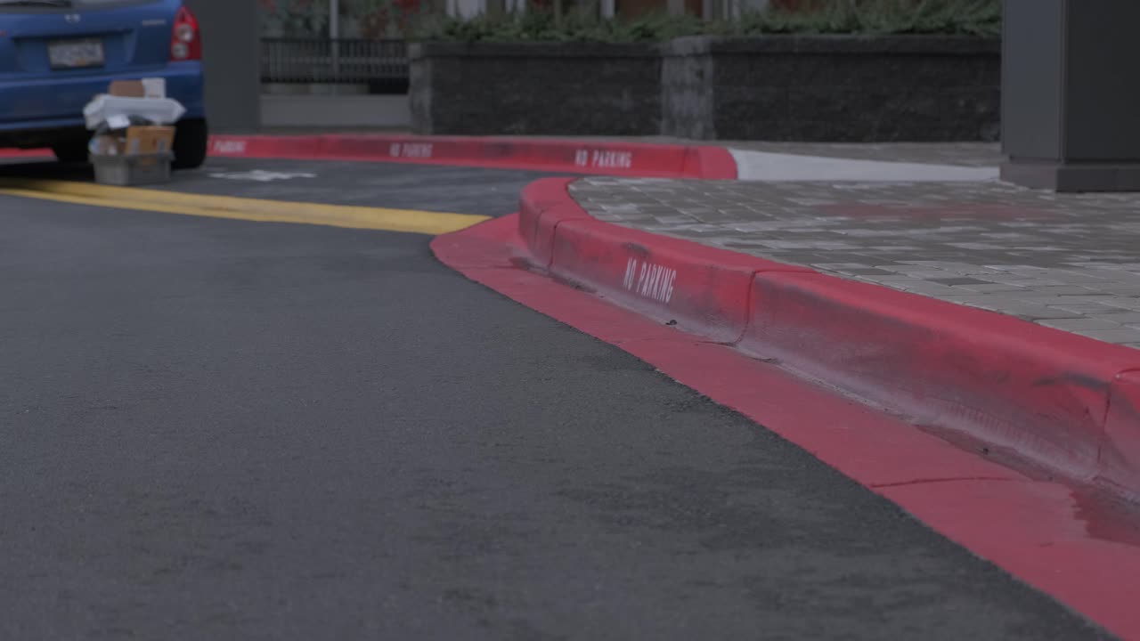 No parking sign painted on red curb in residential area with delivery guy walking in the background (slow motion)