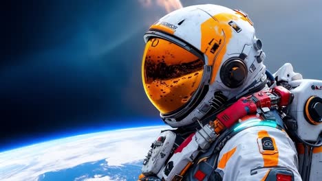 un hombre en un traje espacial de pie frente a un planeta