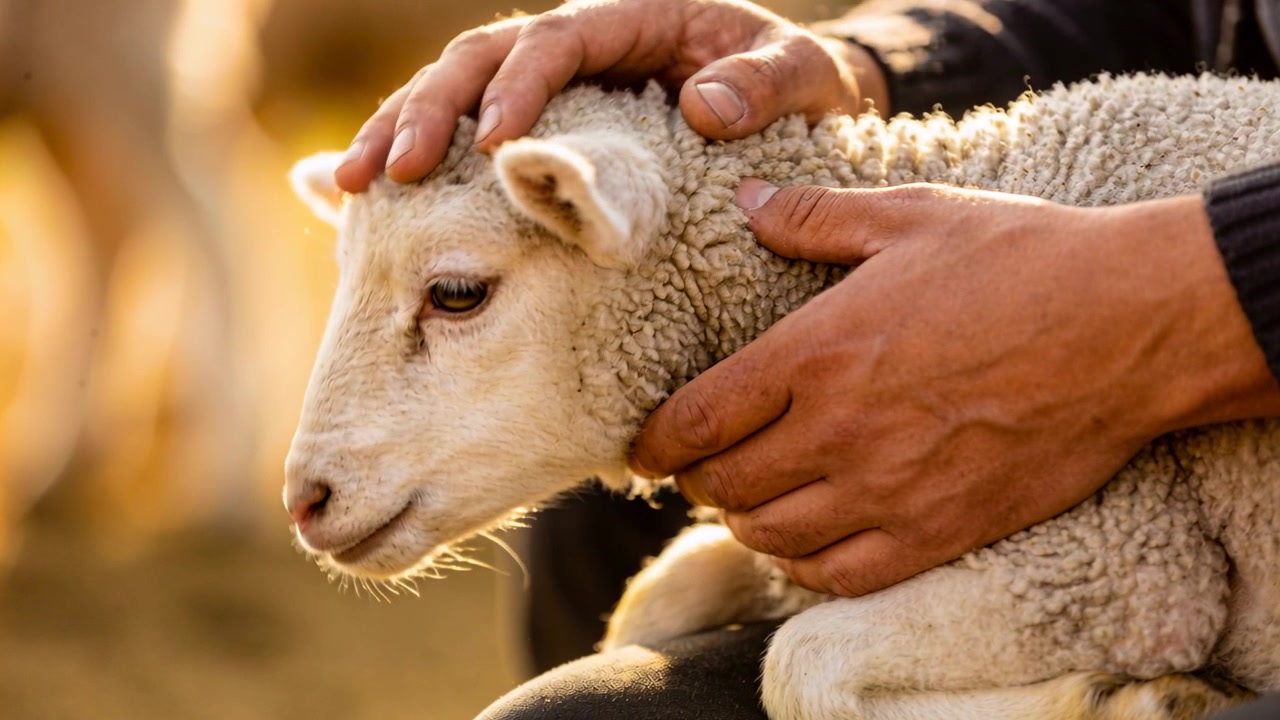 Agricoltore con maglione scuro che appoggia le mani sull'agnello, accarezzandone il vello per calmarlo in un pascolo al tramonto