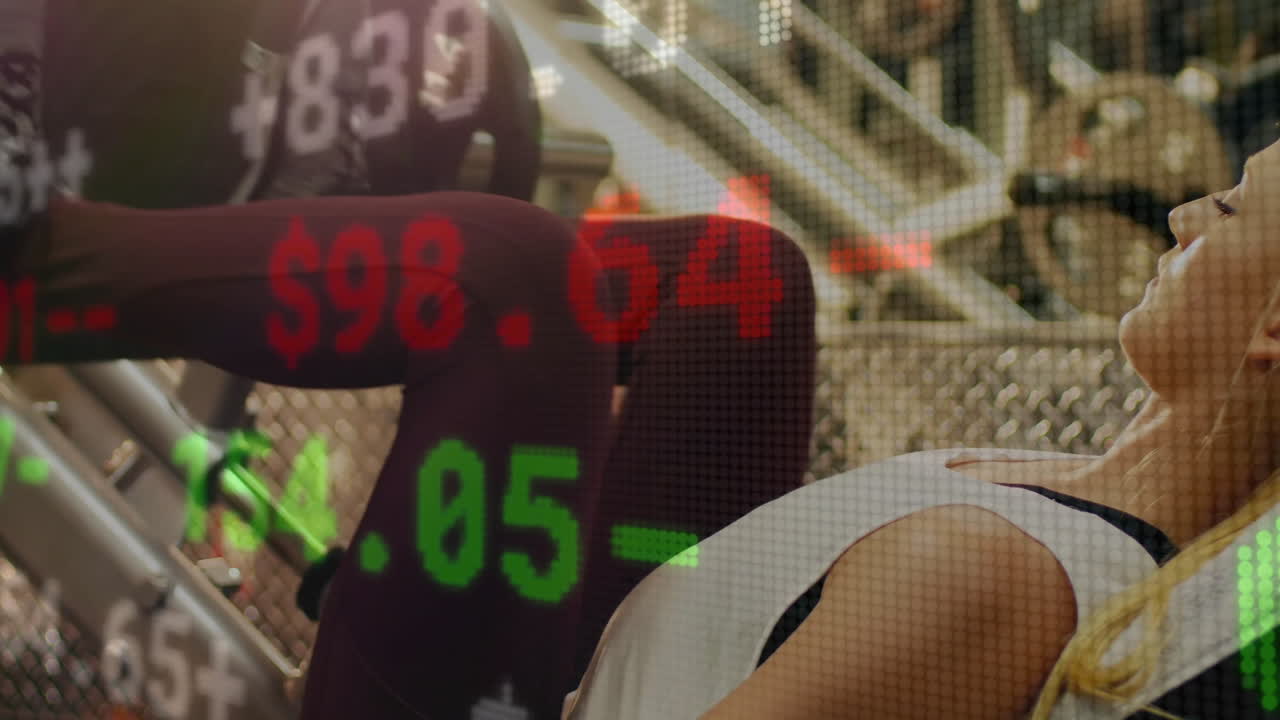 woman performing leg press exercise in gym, showing animated finance stock numbers and arrows