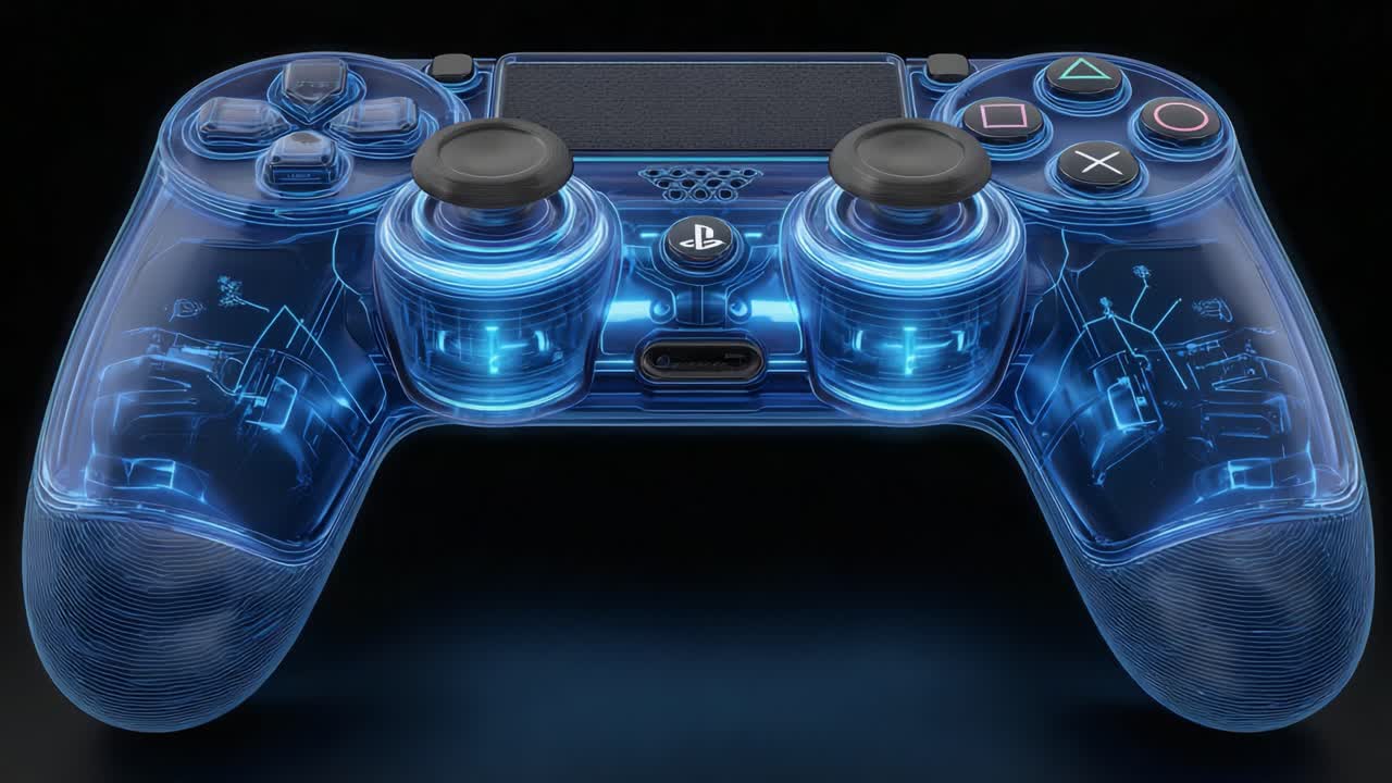 A Stunning Visualization of a Transparent Game Controller Showcasing its Internal Mechanics and Design Features in a Brilliant Blue Glow
