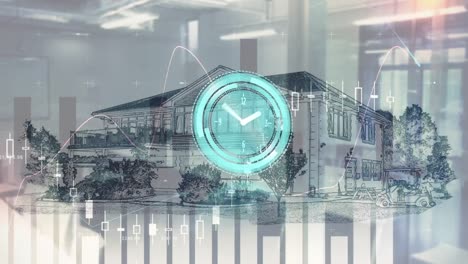 animación de reloj que se mueve rápido y estadísticas con procesamiento de datos sobre el paisaje urbano