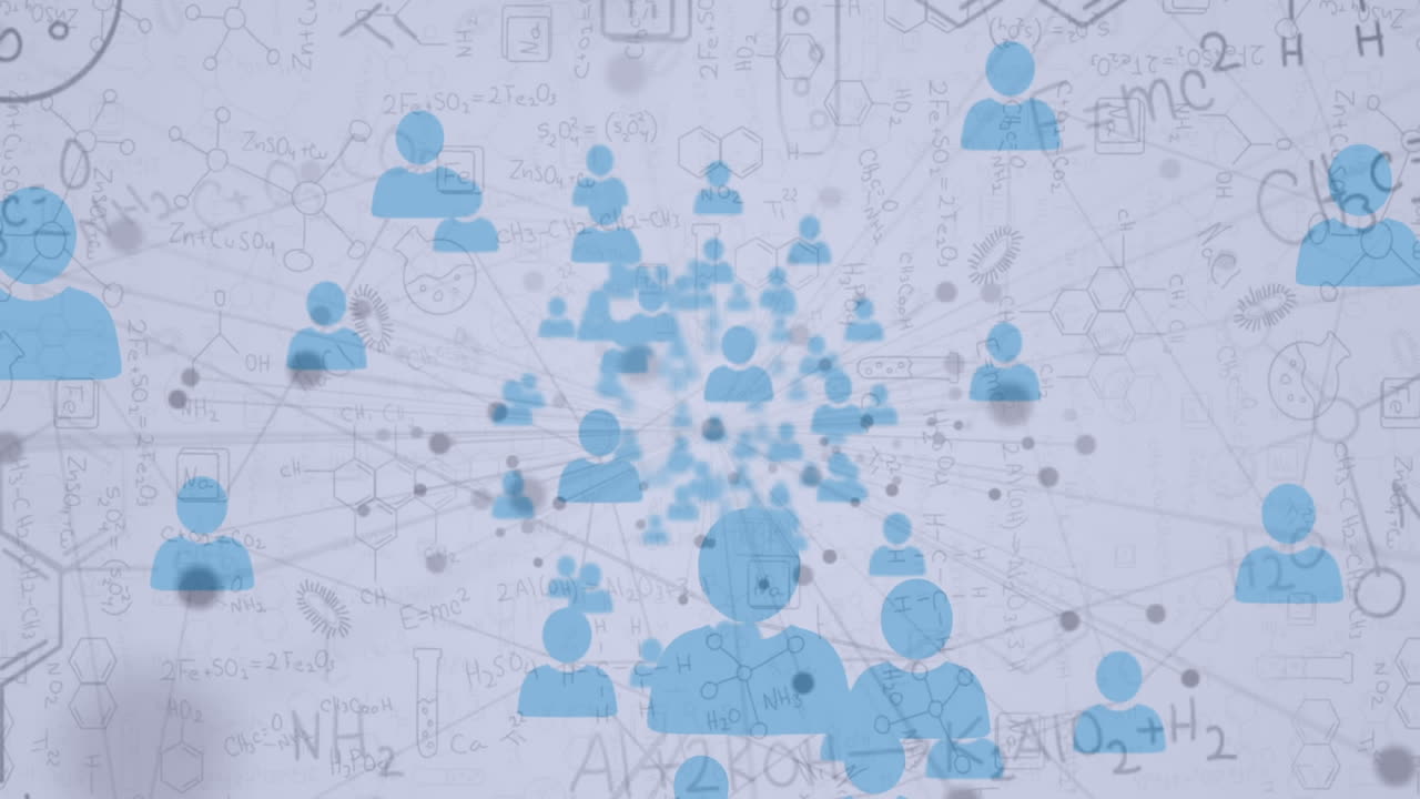 Network of profile icons against chemical structures and formulas on white background