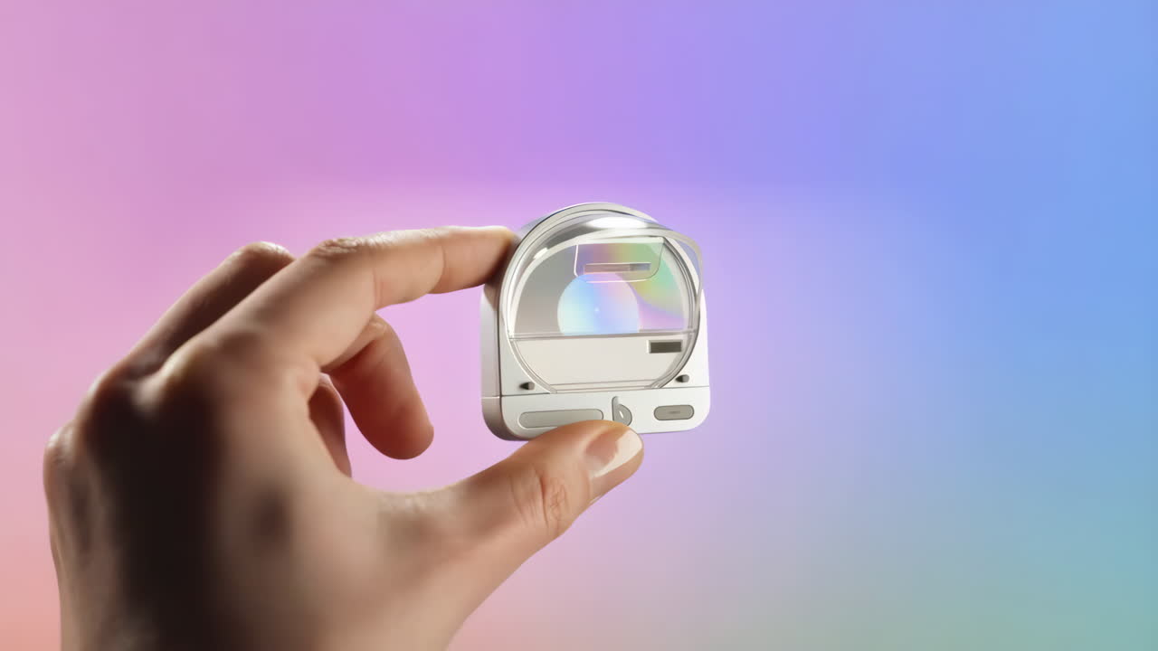 A hand holds a small, transparent futuristic device against a vibrant pink and blue gradient background