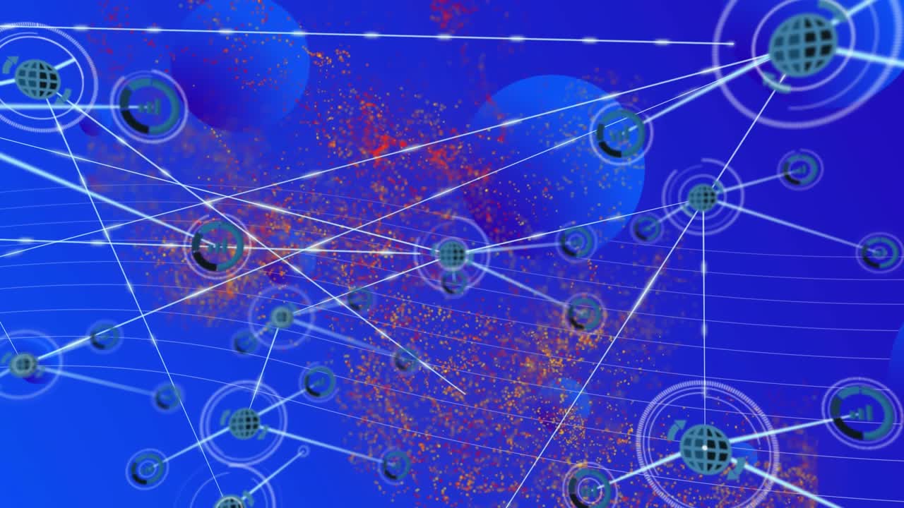 Animation of network of profile icons over digital wave and spots against blue background