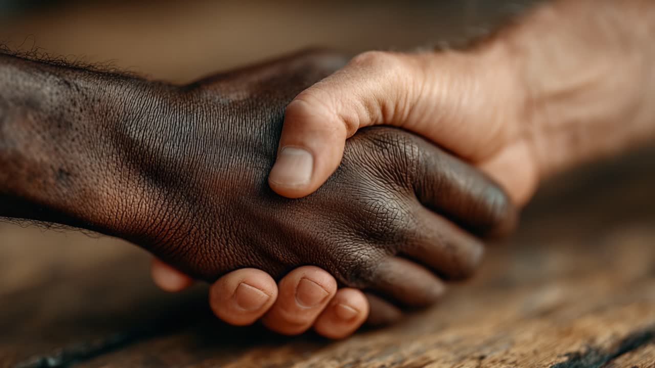 A Powerful Moment of Unity and Connection: Two Hands Coming Together in a Firm Handshake Symbolizing Trust, Friendship, and Cooperation Against a Natural Wooden Background