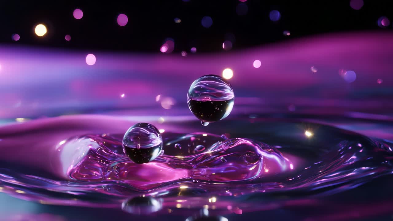 Captivating Visual Symphony of Vibrant Droplets in Motion: An Enchanting Display of Water Dynamics Against a Dreamy Background of Purple and Sparkling Lights That Engages the Imagination