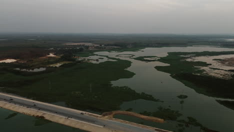 aerial view of a river, lake, and swampy landscape