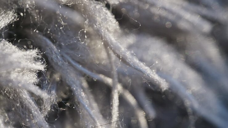 Video macro che mostra le texture e il pelo di un tappeto, fili e trame in primo piano.