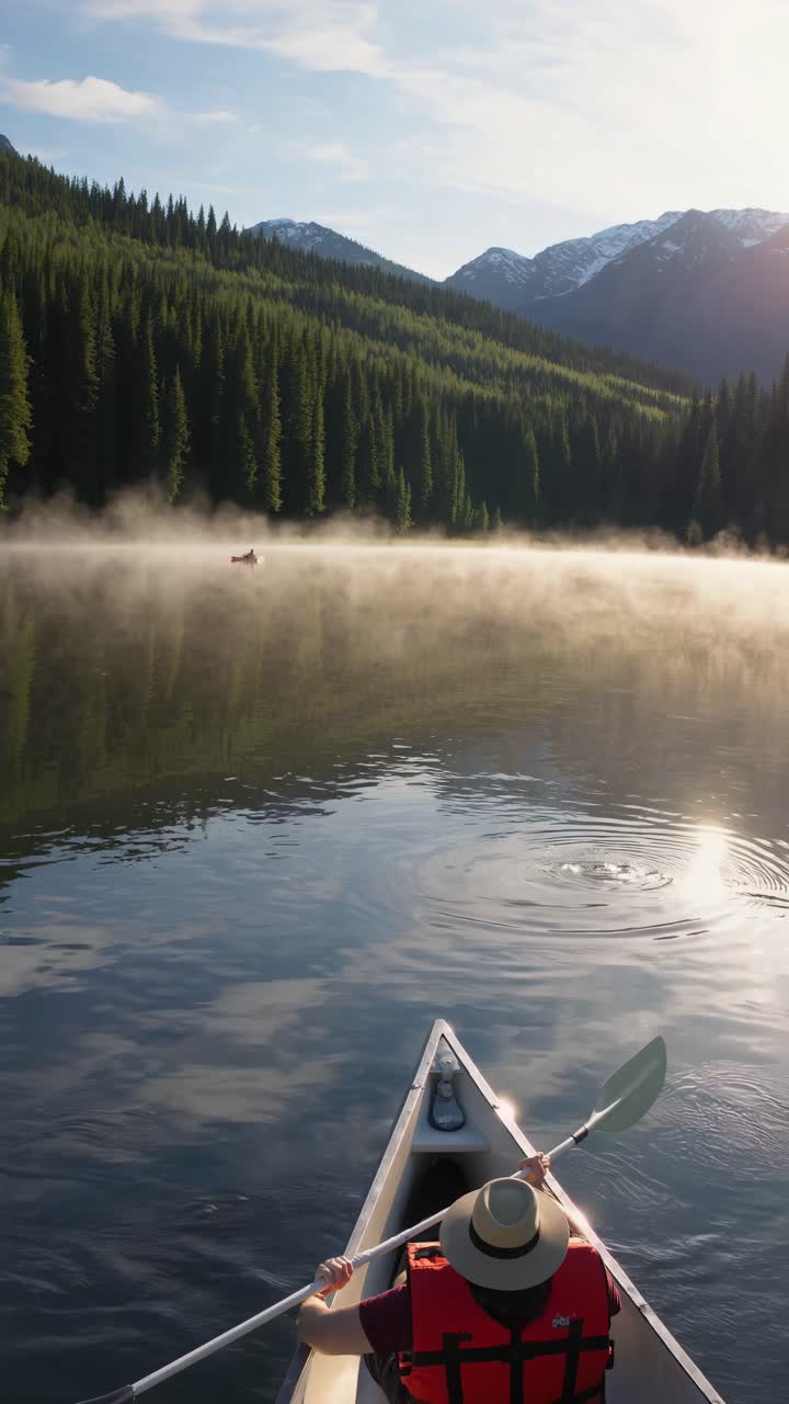 A serene video scene from a canoe's perspective, capturing misty lake waters and distant mountains