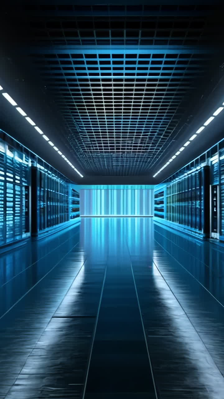 A long, narrow room with blue walls and a blue ceiling. The room is filled with rows of computer servers