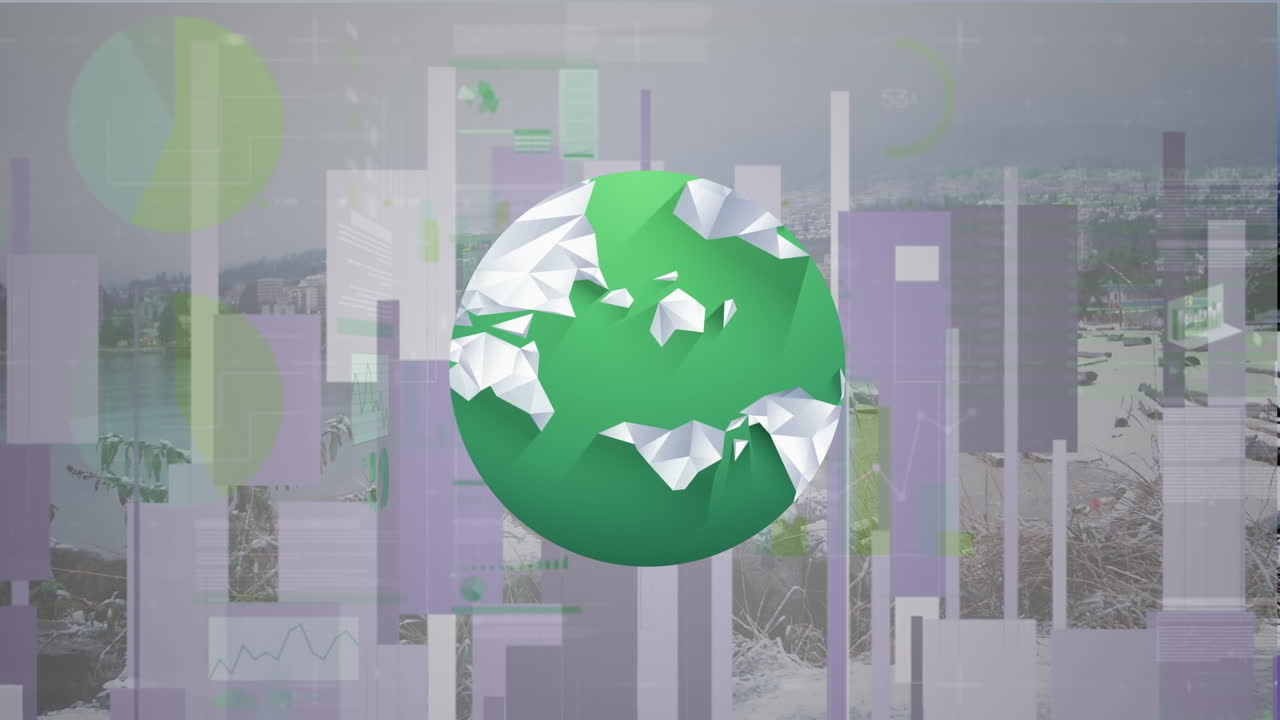 animación de datos financieros y gráficos sobre el mundo y el paisaje urbano