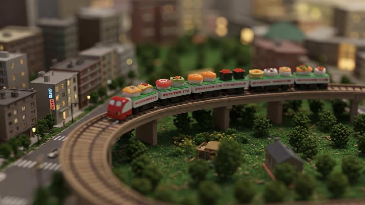 A Whimsical Miniature Train Journey Through a Lush Model Town, Featuring Delightful Food-Themed Train Cars Curving Around a Scenic Landscape