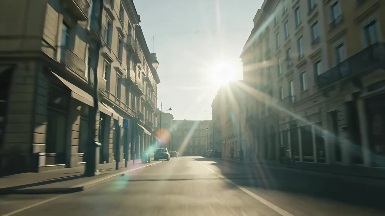 Câmera em nível de rua começando a deslizar para frente ao longo de uma rua urbana estreita, revelando carros estacionados e o sol.