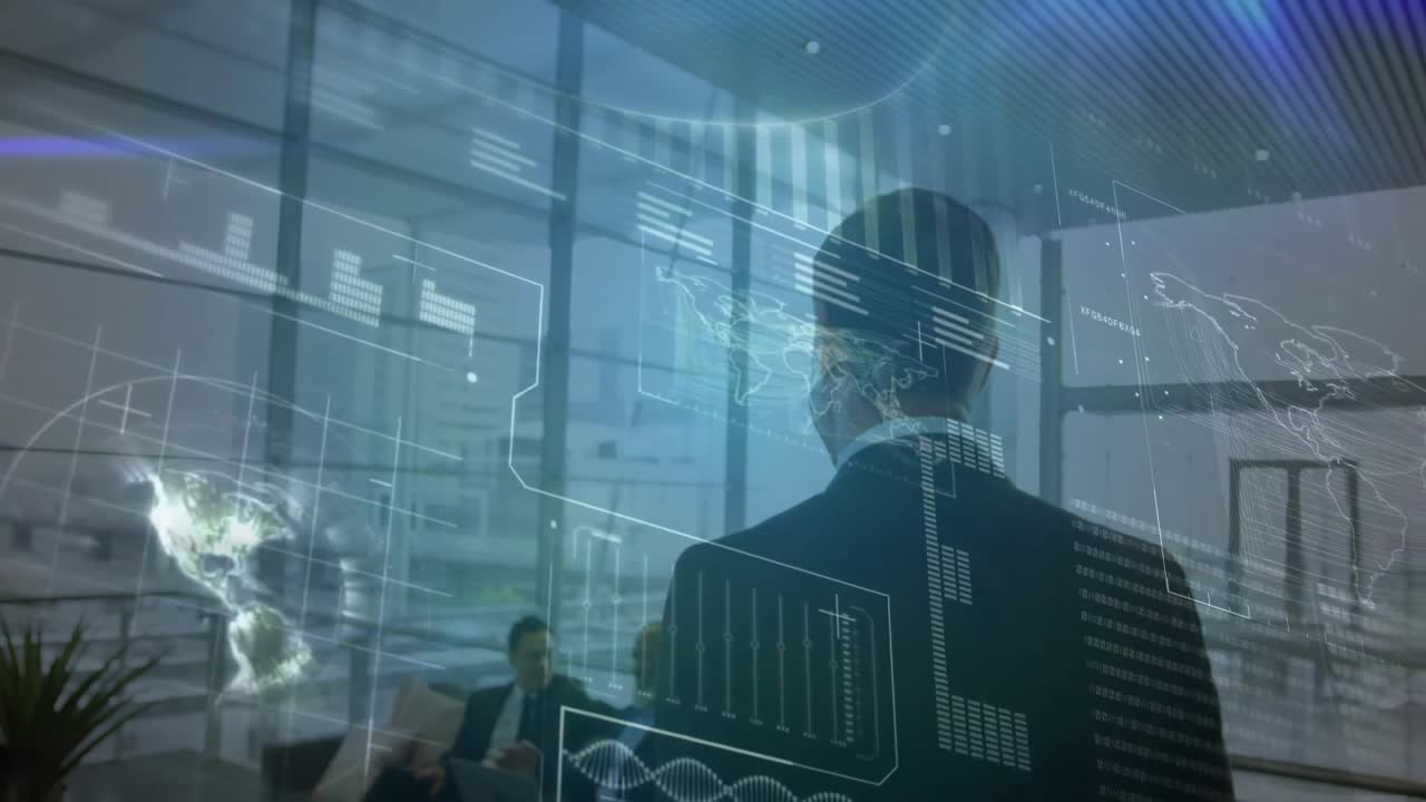 Business presenter facing colleagues initiating hologram data shifting into charts, rotating globe