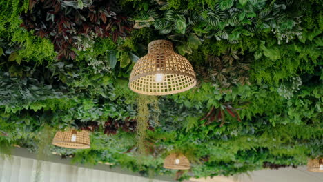 Ceiling-covered-with-lush-green-plants-and-wicker-lamps,-creating-a-natural-and-cozy-ambiance