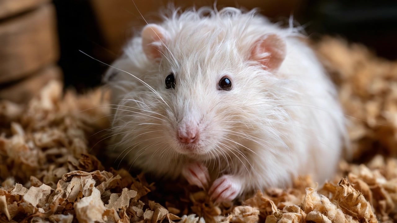 Un criceto carino e soffice con un pelo morbido si gode il suo nido accogliente circondato da lettiera sminuzzata, ritraendo il fascino dei piccoli animali domestici in un ambiente domestico.