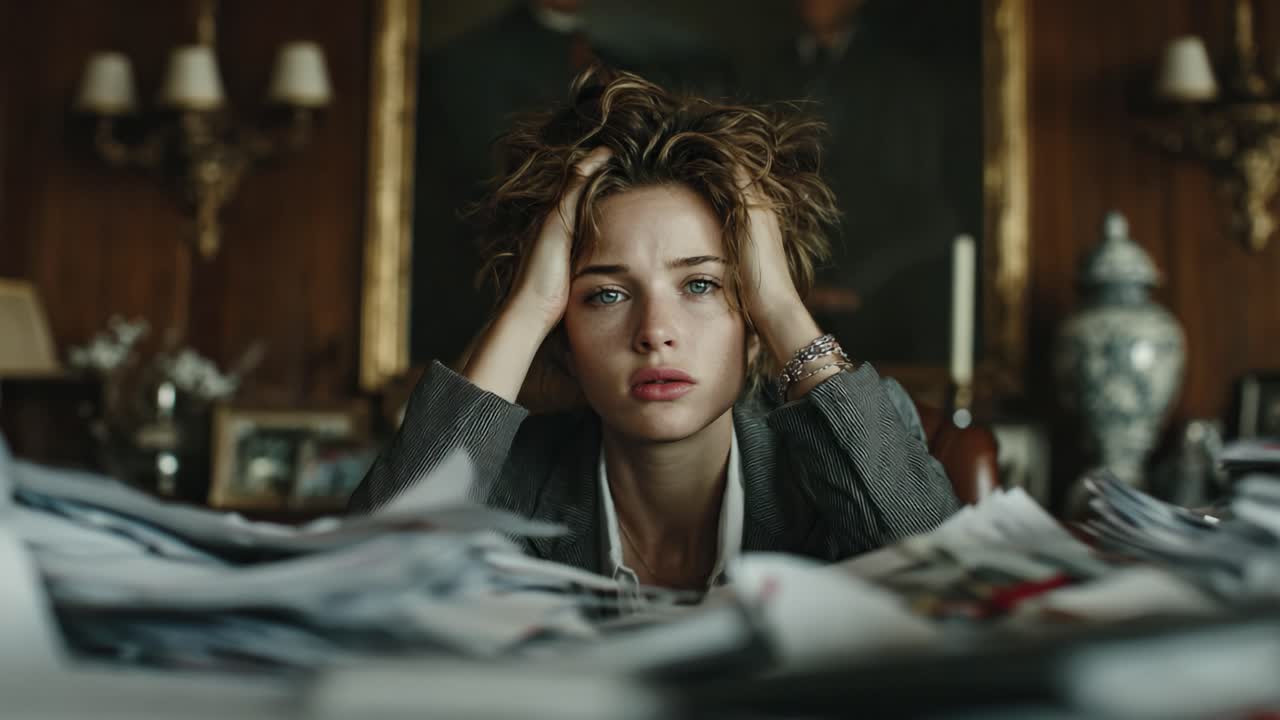 A Portrait of Overwhelmed Determination: A Young Professional Contemplates amidst Chaos in an Office Filled with Papers and Unfinished Tasks