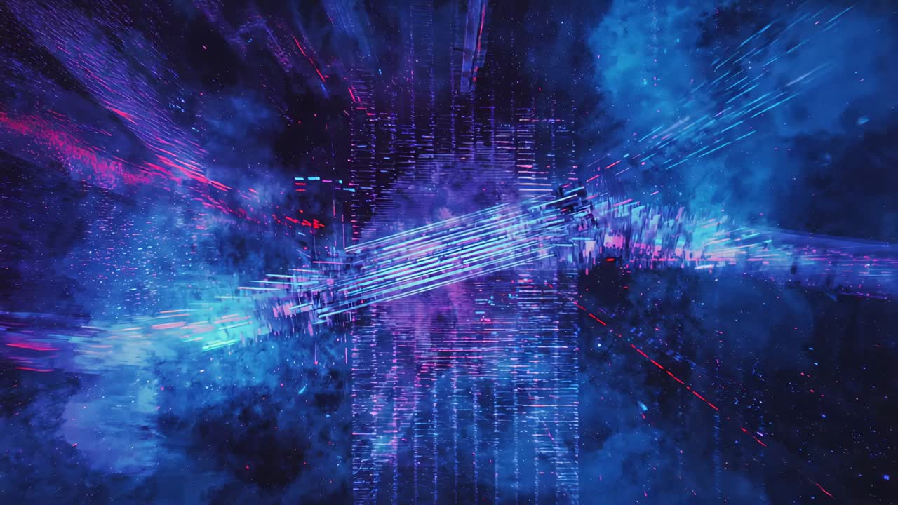 Emerging diagonal neon cluster sliding, stretching in digital nebula, purple cloud and blue smoke