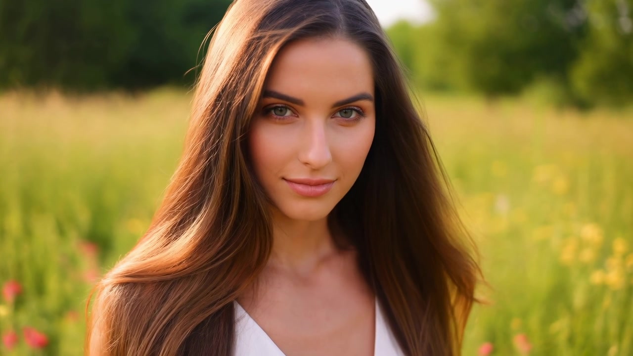 Giovane donna caucasica alla luce del sole in un prato, lunghi capelli castani che le scorrono sulle spalle, vestito bianco che cattura la luce calda