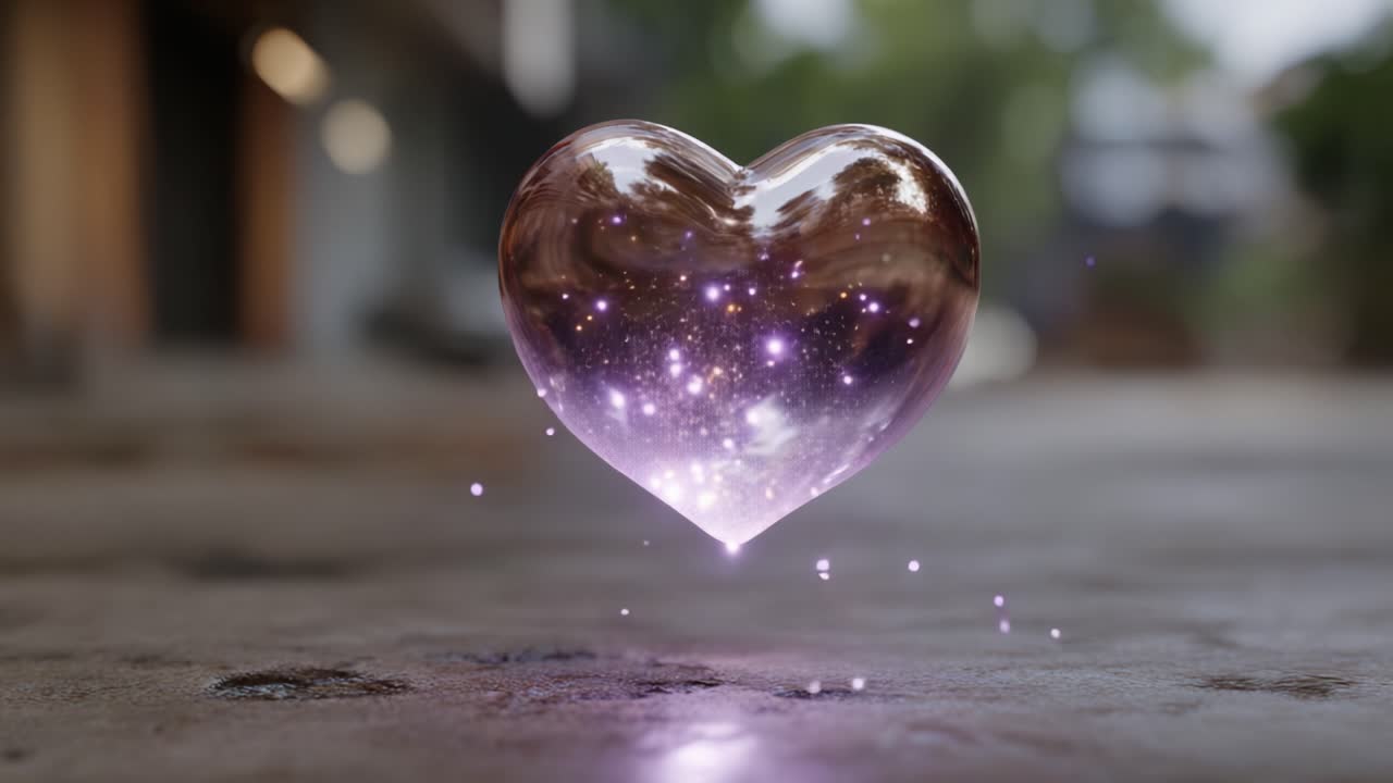 A mesmerizing floating heart filled with sparkling particles, symbolizing love and magic, suspended in the air with a dreamy background of soft colors and light