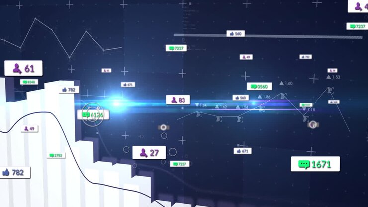 Graphs and statistics in animation showcasing digital data analytics on blue background