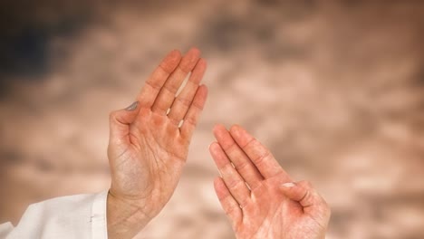 Animation-of-hands-of-male-and-female-martial-artist-in-action-on-blurred-background