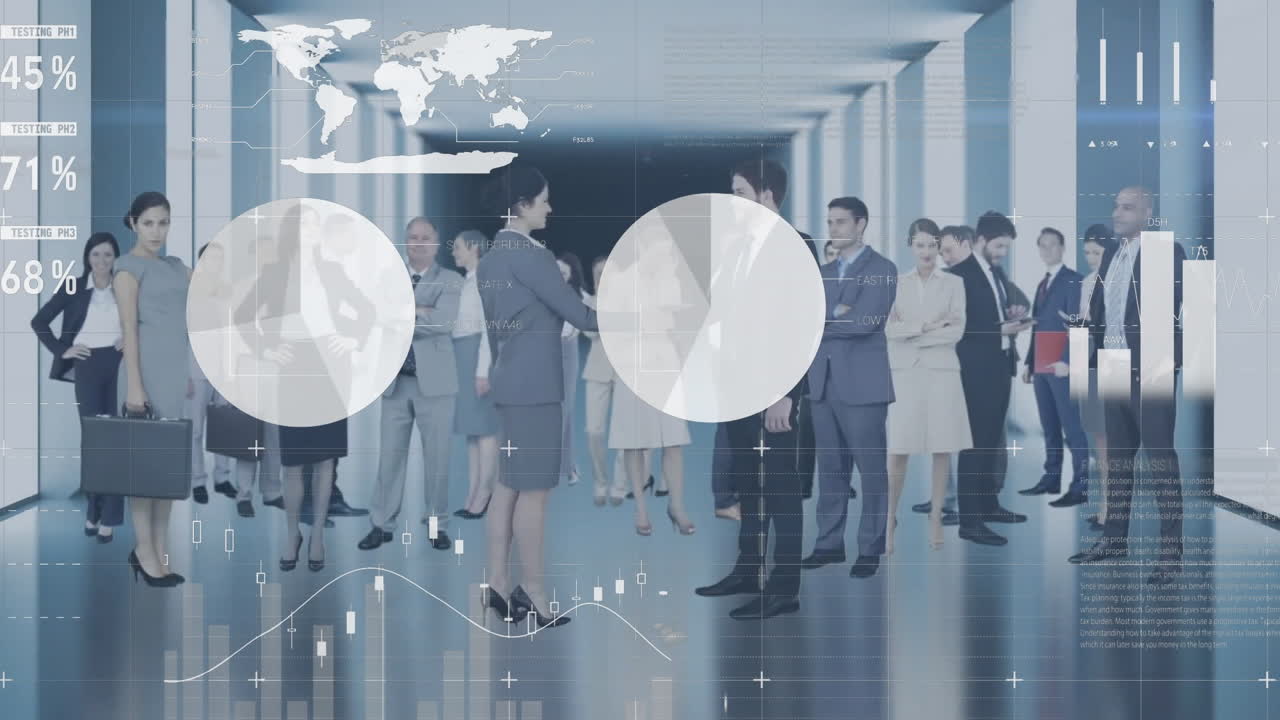 데이터 처리 및 다이어그램의 애니메이션 다양한 비즈니스 사람들이 손을 흔들고 있습니다.