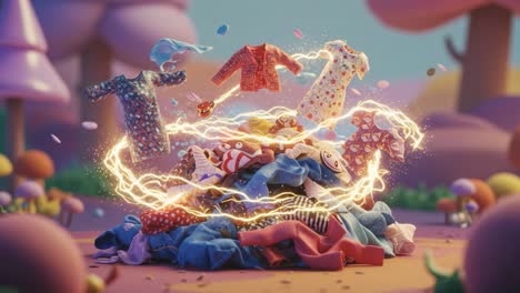 a whimsical display of colorful clothing in a fantasy setting with magical elements, capturing the joy of imagination and playfulness in a vibrant landscape