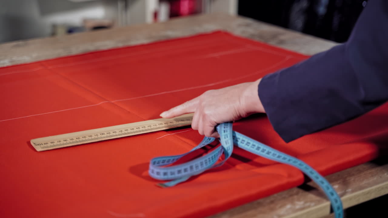 Female tailor is drawing sketch lines with a soap and a ruler on red fabric. Preparing details of material for new, modern dress or other clothes. Feminine hobby.