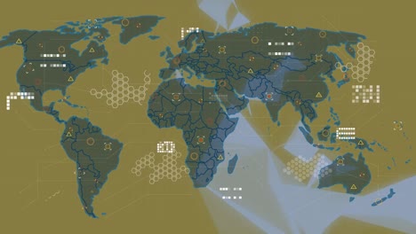 Animación-Del-Mapa-Mundial-Con-Procesamiento-De-Datos-Sobre-Fondo-Marrón