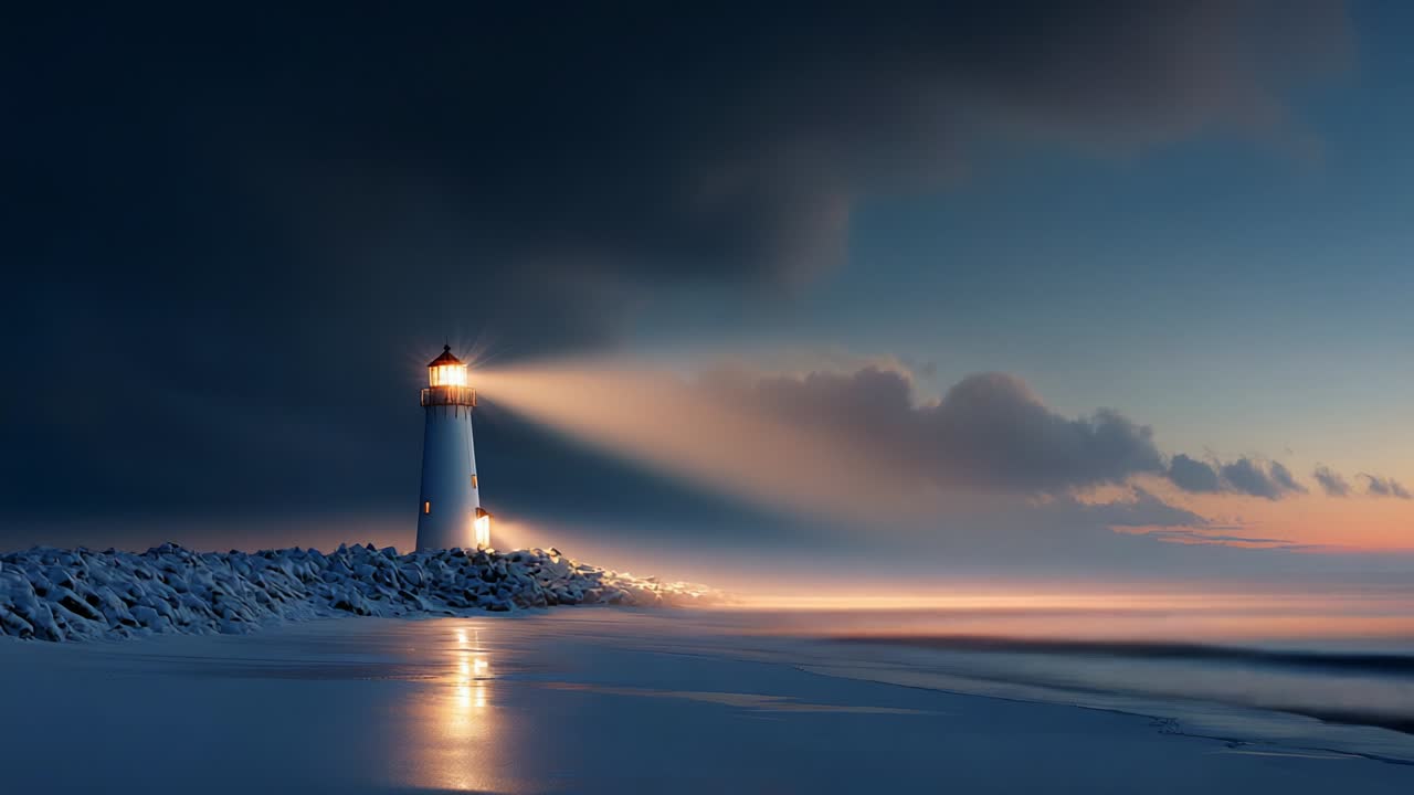 A Majestic Lighthouse Standing Resiliently Against a Stormy Sky, Its Beam of Light Cutting Through the Gloom, Guiding Ships Safely to Shore Amidst the Tranquil, Yet Ominous Seascape