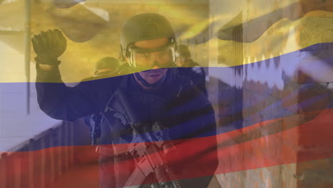 animación de la bandera de colombia sobre varios soldados