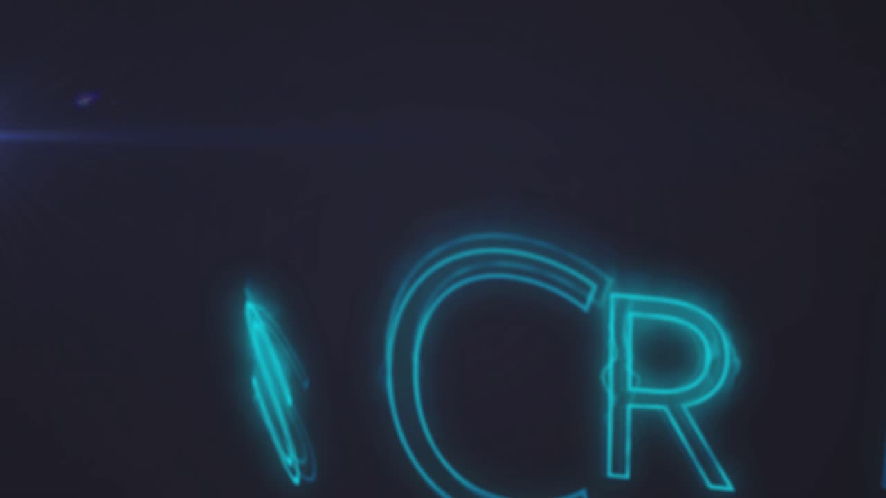 Cyan neon fragments starting at edges, drifting inward, rotating, converging to form SUBSCRIBE