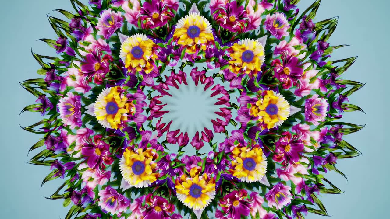 Aerial view of a vibrant floral mandala pattern, showcasing symmetry and vivid colors