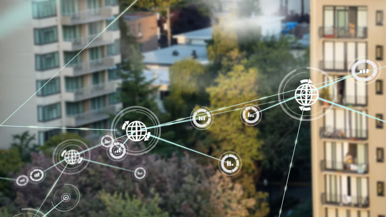 animación de la red de conexiones con iconos sobre el paisaje urbano