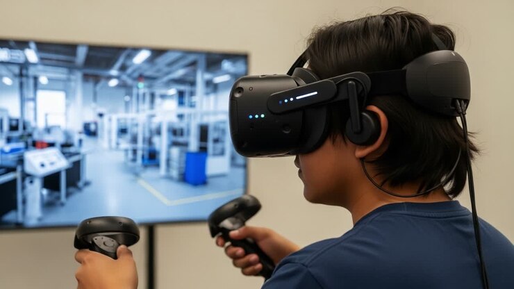 Un giovane immerso nella tecnologia della realtà virtuale, che indossa un visore VR e controller, impegnato in un ambiente futuristico visualizzato su un grande schermo, alla scoperta di nuove possibilità in mondi digitali interattivi