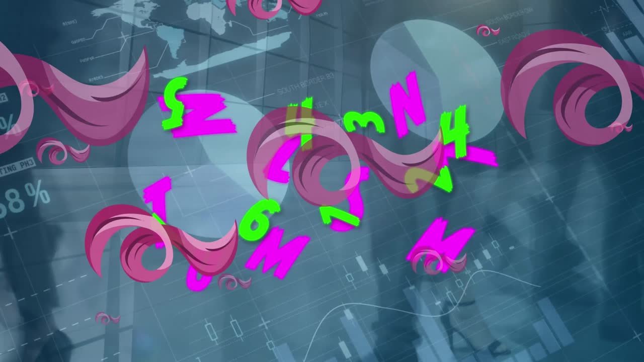 animación de letras, números, patrón abstracto, interfaz infográfica, lapso de tiempo de las personas que caminan