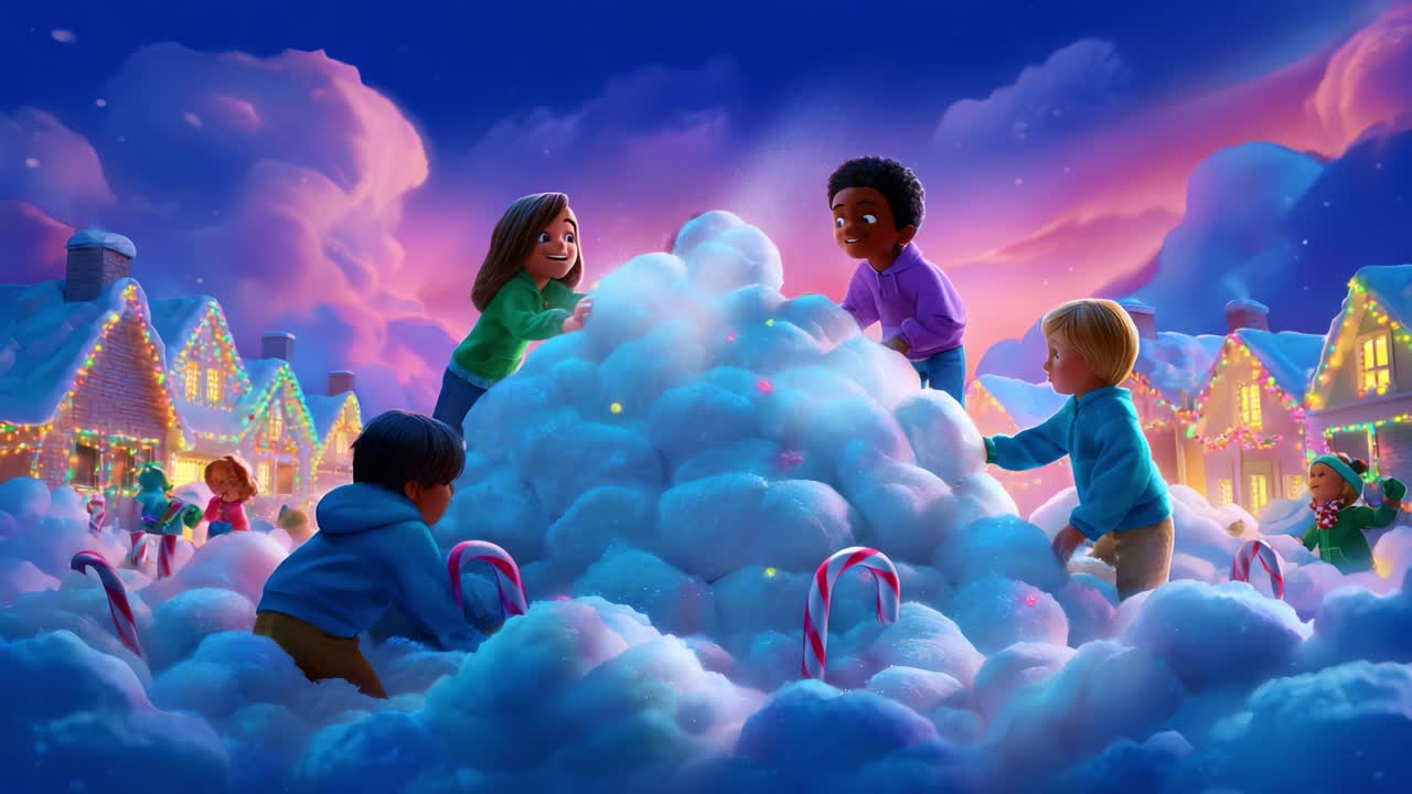 A Joyful Snowy Gathering: Children Having Fun in a Winter Wonderland, Building a Snow Mountain Surrounded by Colorful Candy Canes and Festive Holiday Decorations Under a Vibrant Sky