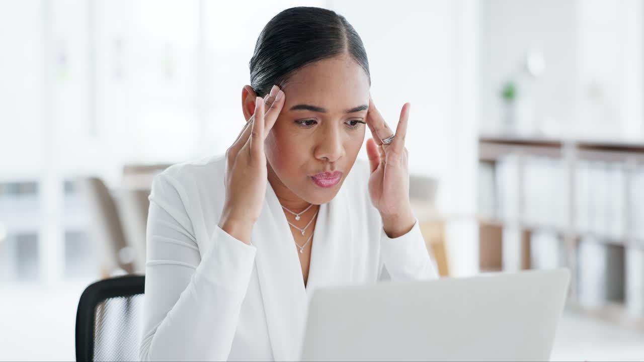 Business woman, laptop and mistake in office