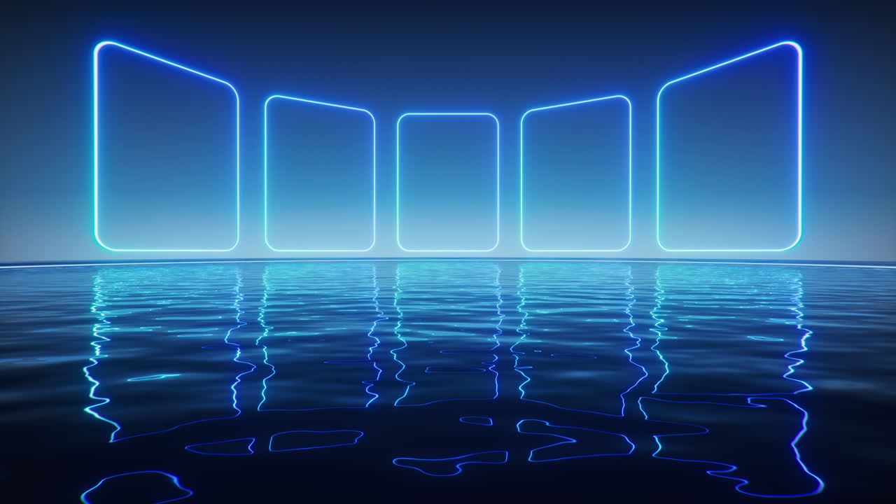 Glowing neon lines with water surface background, 3d rendering.