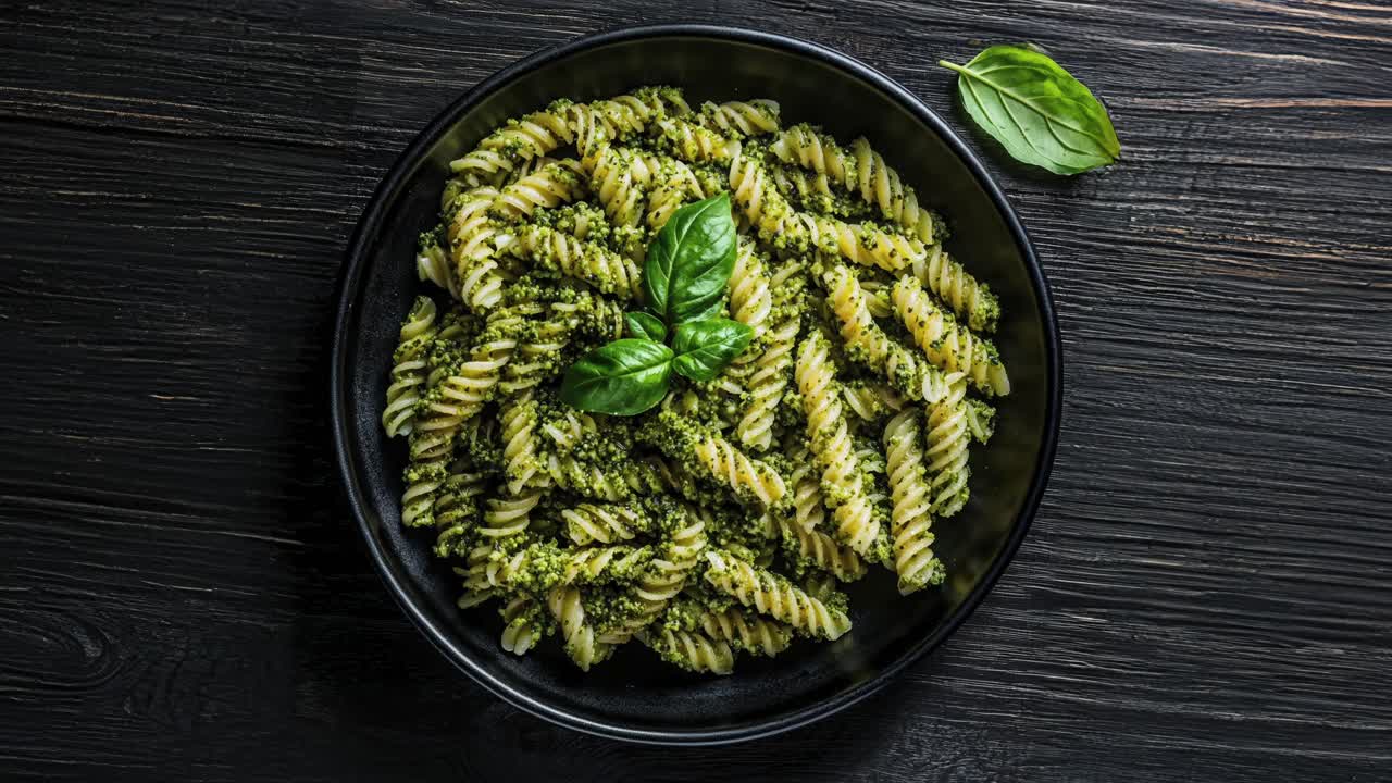 Delicious Plate of Pasta al Pesto with Fresh Basil Garnish