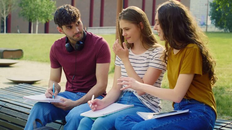 Gruppo di studenti caucasici che studiano fuori dal campus universitario