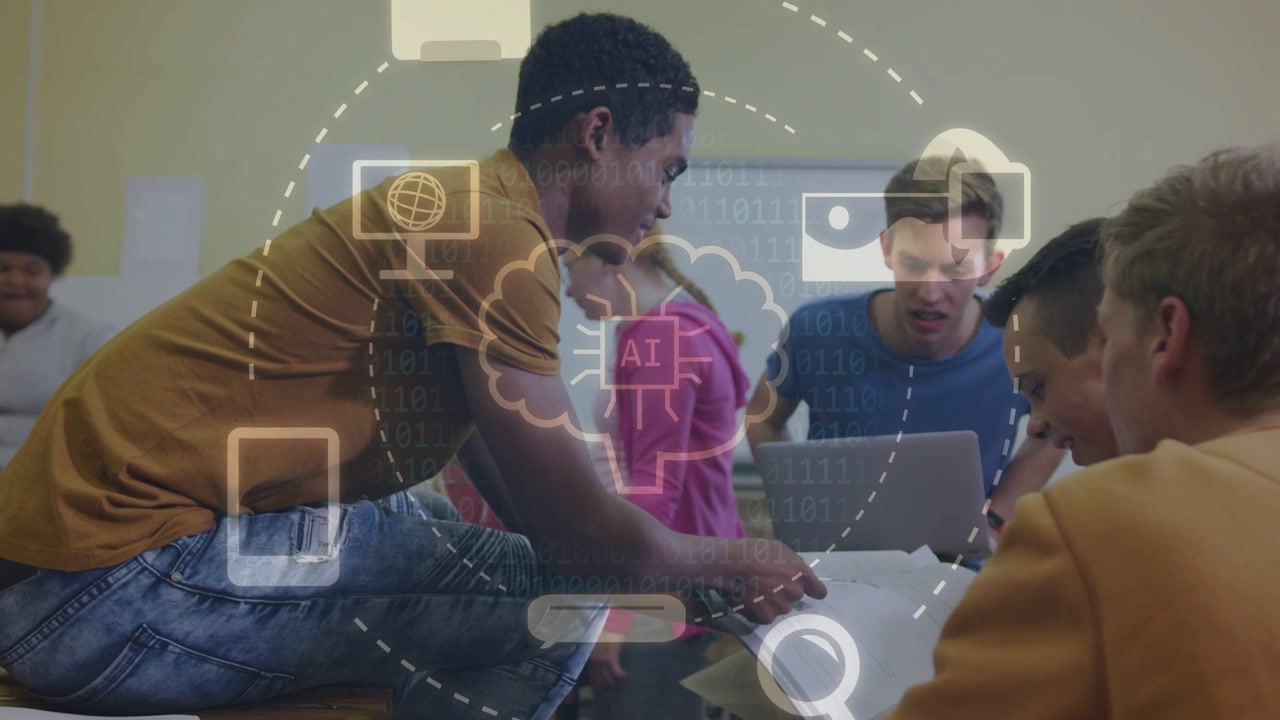 Male student leaning on table and pointing at paper, activating AI cloud overlay for education