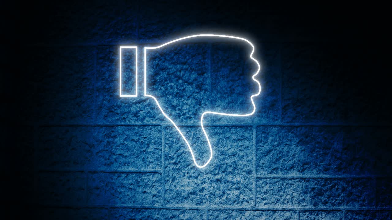 animación de pulgares de neón brillantes hacia abajo icono en la pared de ladrillo