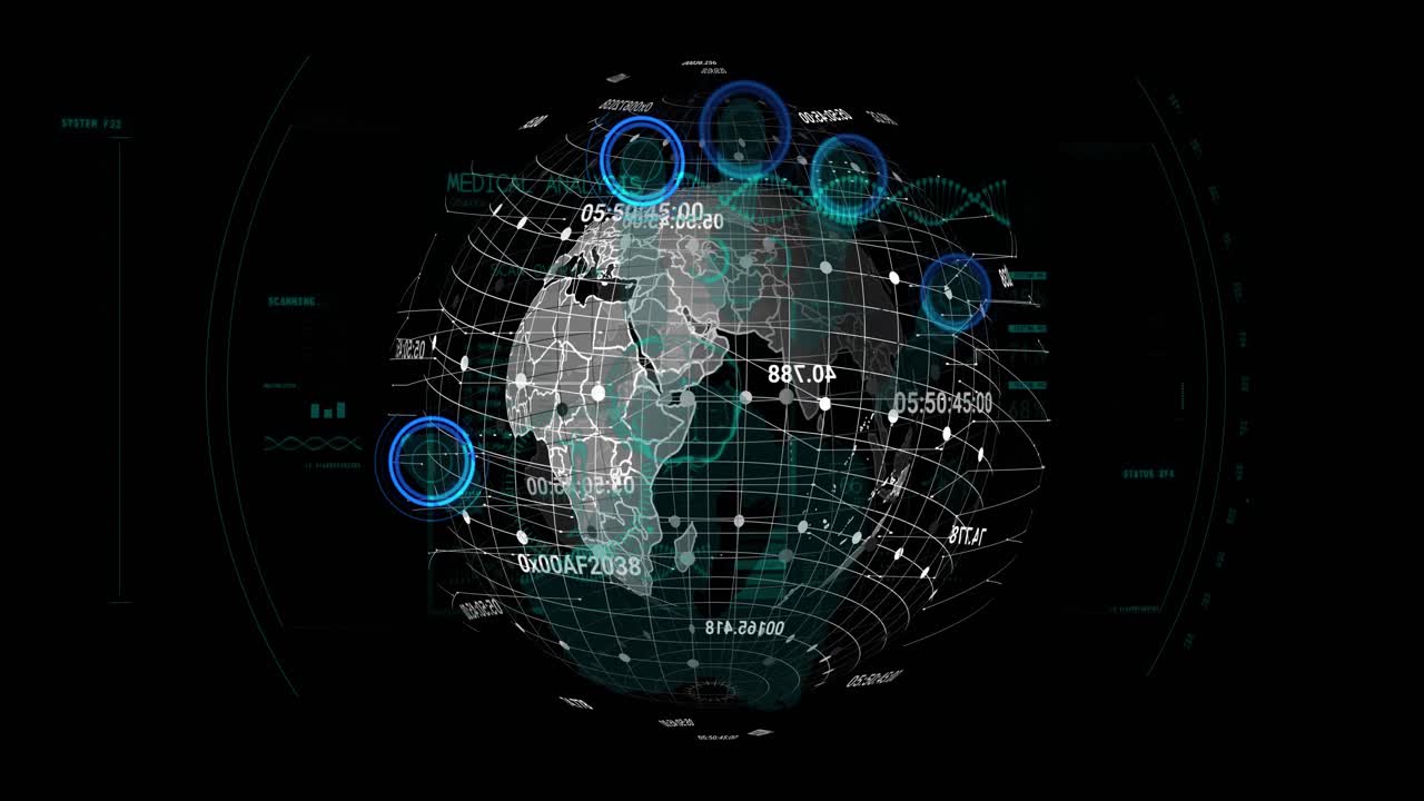 Digital 3D globe rotating with grid overlay, floating nodes and numeric codes in animated HUD