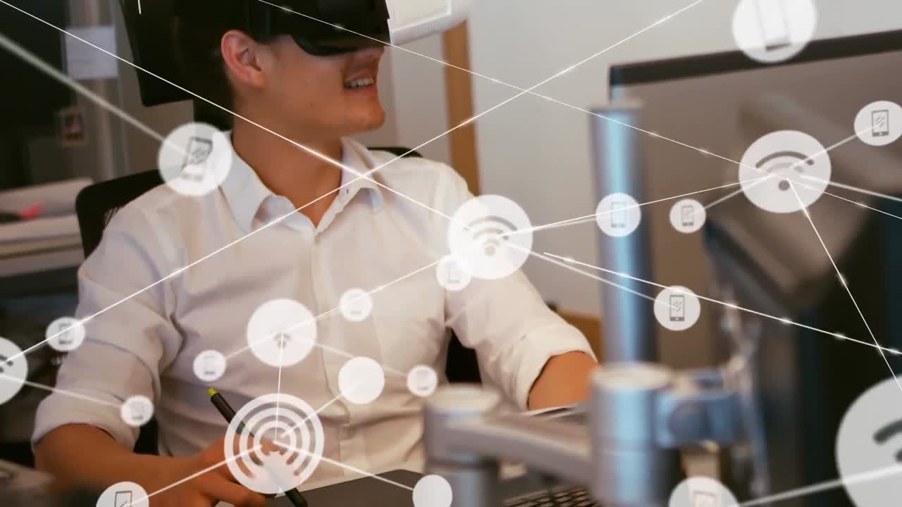 animación de teléfonos conectados y iconos wifi sobre empresario caucásico que usa auriculares vr