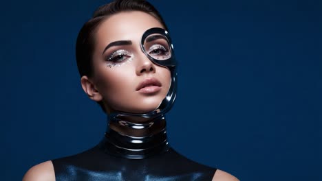 a glamorous futuristic portrait of a model showcasing a metallic facepiece, exuding elegance and modern style against a dark blue background