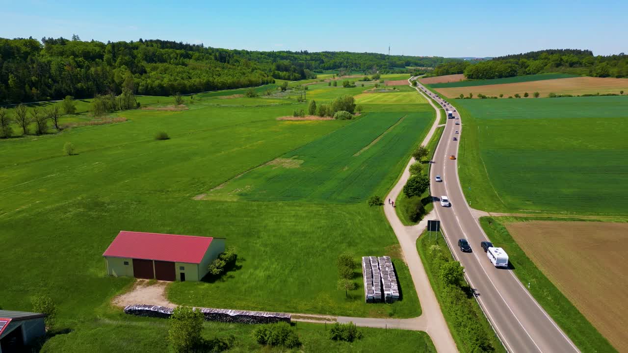4K Aerial Drone Video of Farmland and Farmhouses in the Village of Sachsen near Ansbach, Germany